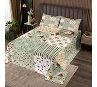 Homewish Couvre-Lit 170x230 Fleurs Rurales Boho Dessus de Lit Floral Campagnard Couverture de Lit Grille de Rayures Géométriques Jetés de Lit Fleur Pastorale Bohémienne avec 1 Taie d'oreiller 51x75cm