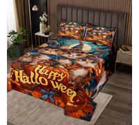 Homewish Couvre-Lit 170x230 Happy Halloween Enfants, Dessus de Lit Chat Bat, Couverture de Lit Lanterne À Citrouille, Jetés de Lit Fantôme Gothique avec 1 Taie d'oreiller 51x75cm
