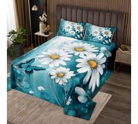 Homewish Couvre-Lit 170x230 Huile Art Daisy Fleur,Dessus de Lit Enfants Adultes Volant Papillons,Couverture de Lit Teal Blanc Gradient,Jetés de Lit Jardin Floral Faune avec 1 Taie d'oreiller 51x75cm