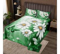 Homewish Couvre-Lit 170x230 Huile Art Daisy Fleur,Dessus de Lit Enfants Adultes Volant Papillons,Couverture de Lit Vert Blanc Gradient,Jetés de Lit Jardin Floral Faune avec 1 Taie d'oreiller 51x75cm