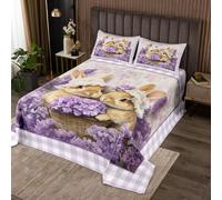 Homewish Couvre-Lit 170x230 Le Campagne Rabbit | Dessus de Lit Fleurieux LavEtes Couverture de Lit Blanc Damier Violettete bunny - 1 Taie d'oreiller 51x75