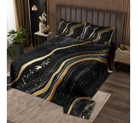 Homewish Couvre-Lit 170x230 Marbre Noir et Or, Dessus de Lit Pierre de Marbre, Couverture de Lit Marbre de Motif de Paillettes d'or, Jetés de Lit Œuvre d'art Abstraite avec 1 Taie d'oreiller 51x75cm