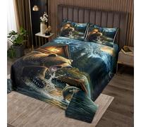 Homewish Couvre-Lit 170x230 Ours,Dessus de Lit Cabine de Poisson,Couverture de Lit pour Garçons Filles Bateau Rivière Bois,Jetés de Lit Plantes Arbres Chasse Vert avec 1 Taie d'oreiller 51x75cm