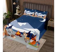 Homewish Couvre-Lit 170x230 Ours,Dessus de Lit Cerfs,Couverture de Lit Enfants Garçons Filles Cartoon Raccoon Hedgehog Fox Campfire,Jetés de Lit Neige Montagne Lune Étoiles Bois 1 Taie d'oreiller