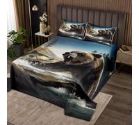 Homewish Couvre-Lit 170x230 Ours Rugissant,Dessus de Lit Poissons et Ours,Couverture de Lit Thème de Chasse Rustique,Jetés de Lit Garçons Filles Pêche Faune Forestière avec 1 Taie d'oreiller 51x75cm