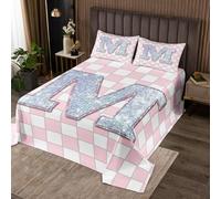 Homewish Couvre-Lit 170x230 Rose Checkered, Dessus de Lit Lettre Initiale M, Couverture de Lit Grille À Échecs, Jetés de Lit Enfants Garçons Filles Grille Motif avec 1 Taie d'oreiller 51x75cm