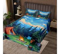 Homewish Couvre-Lit 170x230 Woodland Night, Dessus de Lit Campfire, Couverture de Lit pour Garçons Tent Adventure, Jetés de Lit Scène de Dessins Animés avec 1 Taie d'oreiller 51x75cm