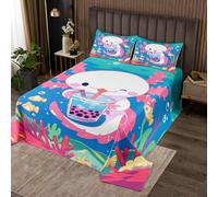 Homewish Couvre-Lit 240x220 Axolotl Mignon,Dessus de Lit Kawaii Axolotl Boire du Thé Au Lait,Couverture de Lit Bleu Ocean Sea Animal,Jetés de Lit Vide Marine sous-Marine 2 Taies d'oreiller 51x75cm