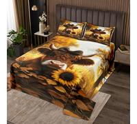 Homewish Couvre-Lit 240x220 Bétail Mignon des Hautes Terres,Dessus de Lit Tournesol Longhorn Bull,Couverture de Lit Vache des Hautes Terres Bow Animaux de Campagne Rustique 2 Taies d'oreiller