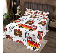 Homewish Couvre-Lit 240x220 Camion D'Incendie,Dessus de Lit Pompier d'ours Mignon,Couverture de Lit Pompier d'animaux de Dessins Animés,Jetés de Lit Moteur D'Incendie d'urgence 2 Taies d'oreiller