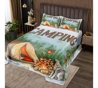 Homewish Couvre-Lit 240x220 Camping, Dessus de Lit Loup Tent Campfire, Couverture de Lit pour Garçons Woodland Tree, Jetés de Lit Animaux Sauvages de Dessins Animés avec 2 Taies d'oreiller 51x75cm