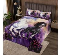 Homewish Couvre-Lit 240x220 Cheval Galopant, Dessus de Lit Thème Animal, Couverture de Lit Chevaux de Course, Jetés de Lit Fleurs de Lavande Rose Violet avec 2 Taies d'oreiller 51x75cm