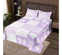 Homewish Couvre-Lit 240x220 Cœur Nœud Échiquier | Dessus de Lit Damier Violettete Cœur Nœud Couverture de Lit Adorable Grille Géométrique - 2 Taies d'oreiller 51x75