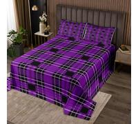 Homewish Couvre-Lit 240x220 Damier Tartan | Dessus de Lit Pourpre Noir Couverture de Lit Rayure Géométrique - 2 Taies d'oreiller 51x75