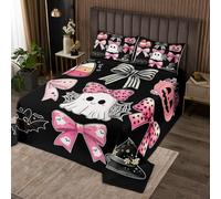 Homewish Couvre-Lit 240x220 Fantôme d'halloween,Dessus de Lit Bowknot Mignon de Ruban Kawaii,Couverture de Lit Lanterne de Citrouille Gothique,Jetés de Lit Chapeau de Sorcière Halloween Bats, Noir