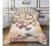 Homewish Couvre-Lit 240x220 Fleur de Cerisier Dessus de Lit Fleurs Naturelles Style Japonais Couverture de Lit Fille,Jardin Fleur de Cerisier Papillon Couette Printemps Rose Jaune