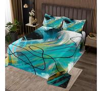 Homewish Couvre-Lit 240x220 Graffiti,Dessus de Lit Abstrait,Couverture de Lit Filles Garçons Dessinant La Ligne Géométrique Grunge Esthétique,Jetés de Lit Bleu Théal Blanc 2 Taies d'oreiller 51x75cm