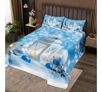 Homewish Couvre-Lit 240x220 Noël,Dessus de Lit Thème de Noël Bleu,Couverture de Lit Flocon de Neige D'Hiver Blanc,Jetés de Lit Garçons Filles Adultes Joyeuxnoël À Thème avec 2 Taies d'oreiller 51x75cm