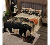 Homewish Couvre-Lit 240x220 Ours,Dessus de Lit Cabine Rustique Forêt Animal Sauvage,Couverture de Lit Chasse de Campagne de Ferme,Jetés de Lit Garçons Filles Bois Faune avec 2 Taies d'oreiller 51x75cm