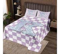Homewish Couvre-Lit 240x220 Plaid Violet, Dessus de Lit Lettre Initiale K, Couverture de Lit Buffalo Vérifié, Jetés de Lit Enfants Garçons Filles Grille Réseau Motif avec 2 Taies d'oreiller 51x75cm
