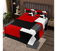 Homewish Couvre-Lit 240x220 Rouge Noir Carré Blanc,Dessus de Lit Géométrique,Couverture de Lit Plaques de Patchwork,Jetés de Lit Art Moderne avec 2 Taies d'oreiller 51x75cm