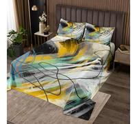 Homewish Couvre-Lit 260x240 Abstract, Dessus de Lit Ombre, Couverture de Lit pour Filles Garçons Géométrie Ligne Grunge Graffiti Esthétique, Jetés de Lit Or Blanc Jaune avec 2 Taies d'oreiller 51x75cm