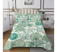 Homewish Couvre-Lit 260x240 Animaux Marins Verts,Dessus de Lit Côtiers,Couverture de Lit Plage de L'Océan Bleu,Jetés de Lit Imprimé de Corail de Coquillages D'Étoiles de Mer 2 Taies d'oreiller 51x75cm