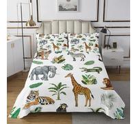 Homewish Couvre-Lit 260x240 Animaux Sauvages Enfants,Dessus de Lit Cartoon Elephant Giraffe,Couverture de Lit Safari Animaux,Jetés de Lit Crocodile Tigre Zebra Palmier Tropical 2 Taies d'oreiller