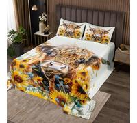 Homewish Couvre-Lit 260x240 Bétail Mignon des Hautes Terres,Dessus de Lit Animaux de Ferme Occidental,Couverture de Lit Tournesol Longhorn Bull,Jetés de Lit Ferme Rustique 2 Taies d'oreiller 51x75cm