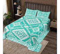 Homewish Couvre-Lit 260x240 Boho Blanc Vert, Dessus de Lit Amérindien Sud-Ouest, Couverture de Lit Géométrique Aztèque Tribal, Jetés de Lit Décor Occidental avec 2 Taies d'oreiller 51x75cm