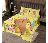 Homewish Couvre-Lit 260x240 Cartoon Capybara,Dessus de Lit Capybara Mignon pour Filles,Couverture de Lit Ballons Colorés Gâteau Garçons Filles Adultes Jaune Canard Imprimé 2 Taies d'oreiller