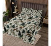 Homewish Couvre-Lit 260x240 Cerf Rustique,Dessus de Lit Animaux Sauvages de Pays,Couverture de Lit Faune Sauvage de Pins de Forêt Enfants Garçons Filles Feuilles de Plantes de Bois Vintage