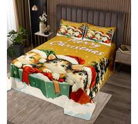 Homewish Couvre-Lit 260x240 Chat de Noël Mignon, Dessus de Lit Animaux Sauvages Vintage, Couverture de Lit pour Garçons Filles Joyeux Noël Nouvel an Jetés de Lit avec 2 Taies d'oreiller 51x75cm