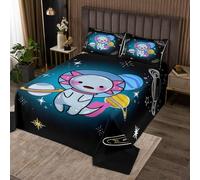 Homewish Couvre-Lit 260x240 Espace,Dessus de Lit Salamandre,Couverture de Lit Enfants Garçons Filles Axolotl Planet Rocket Meteor Casque Étoiles Imprimer Mignon Animal Dessin Animé 2 Taies d'oreiller