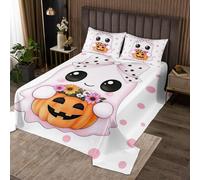 Homewish Couvre-Lit 260x240 Fantôme de Dessin Animé,Dessus de Lit Ruban Mignon Bowknot Cravate Blanche,Couverture de Lit Lanterne de Citrouille,Jetés de Lit Fleurs,2 Taies d'oreiller Kawaii Esthétique