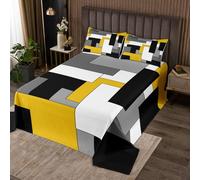 Homewish Couvre-Lit 260x240 Géométrique Jaune, Dessus de Lit Abstrait Moderne, Couverture de Lit Noir Gris Blanc, Jetés de Lit Art Rayé Grille À Râches avec 2 Taies d'oreiller 51x75cm