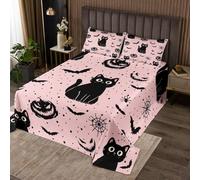 Homewish Couvre-Lit 260x240 Halloween Chat Noir Mignon,Dessus de Lit Lanterne de Citrouille Dessinée,Couverture de Lit Araignée de Chauve-Souris,Jetés de Lit Visage Fantôme avec 2 Taies d'oreiller