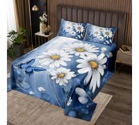 Homewish Couvre-Lit 260x240 Huile Art Daisy Fleur,Dessus de Lit Enfants Adultes Volant Papillons,Couverture de Lit Bleu Blanc Gradient,Jetés de Lit Jardin Floral Faune avec 2 Taies d'oreiller 51x75cm