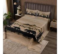 Homewish Couvre-Lit 260x240 Impression d'ours, Dessus de Lit Ferme Rustique de Chasse, Couverture de Lit Forêt de Pins de Bois, Jetés de Lit Retro Cabin Lodge avec 2 Taies d'oreiller 51x75cm