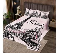 Homewish Couvre-Lit 260x240 Paris Tour Eiffel,Dessus de Lit France Romantique Rose,Couverture de Lit Style Dessiné À la Main de Dessin Animé Garçons Filles Paysage Rétro 2 Taies d'oreiller