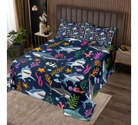 Homewish Couvre-Lit 260x240 Requin Géant,Dessus de Lit Cartoon Requins Océan,Couverture de Lit Youth Garçons Coastal Creature Coral,Jetés de Lit Vide Marine sous Mer avec 2 Taies d'oreiller 51x75cm