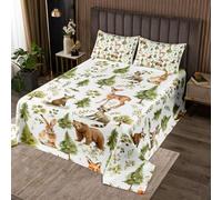 Homewish Couvre-Lit 260x240 Rustique,Dessus de Lit Chasse Aux Animaux,Couverture de Lit Adolescent Garçons Lapin Cerf Raccoon Fox Grizzly Bear,Jetés de Lit Animaux des Bois 2 Taies d'oreiller 51x75cm