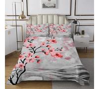 Homewish Couvre-Lit 260x240 Sakura Dessus de Lit Vintage Floral Couverture de Lit Femmes,Filles Style Japonais Couette Plante Sakura 2 Taies d'oreiller,Rose Gris