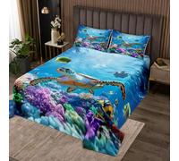 Homewish Couvre-Lit 260x240 Tortue de Mer,Dessus de Lit Océan Bleu,Couverture de Lit Tween Garçons Filles Sea Animal Coastal,Jetés de Lit Aquarelle Tropicale Corail avec 2 Taies d'oreiller 51x75cm