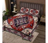 Homewish Couvre-Lit 260x240 Tribal Motif | Dessus de Lit Exotique Géométrique Treillis Couverture de Lit Boho Rouge Vert Voitureré Grille - 2 Taies d'oreiller 51x75