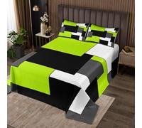 Homewish Couvre-Lit 260x240 Vert Noir Blanc Gris,Dessus de Lit Géométrique,Couverture de Lit Néon Plaids Carré,Jetés de Lit Art Abstrait avec 2 Taies d'oreiller 51x75cm