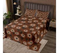 Homewish Couvre-Lit 260x240 Vintage Ditsy Fleur | Dessus de Lit Brun Marguerite Impression Fleurieuxe Couverture de Lit Damier Buffalo - 2 Taies d'oreiller 51x75