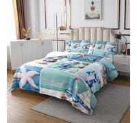 Homewish Couvre-Lit Ancre Nautique 2 Personnes 240x220 cm - Jetés de Lit Étoile de Mer Côtière - Dessus de Lit Bleu Sarcelle- Couverture de Lit Phare Rétro Voilier - Thème Plage Océanique