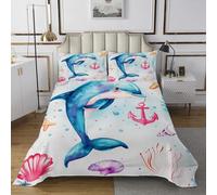 Homewish Couvre-Lit Dauphin 260x240 avec 2 Taies d'oreiller, Dessus de Lit Kawaii Bleu Dauphin, Couverture de Lit Décoratif Animal de Mer, Jetés de Lit Étoile de Mer Coquillage
