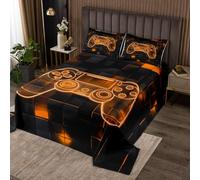 Homewish Couvre-Lit Garcon Gamer Dessus de Lit 240x220 Adulte Enfant Gaming Jeux Vidéo, Couverture de Lit Manette de Jeux 3D Néon, Jetés de Lit Grille Géométrique, Orange Noir